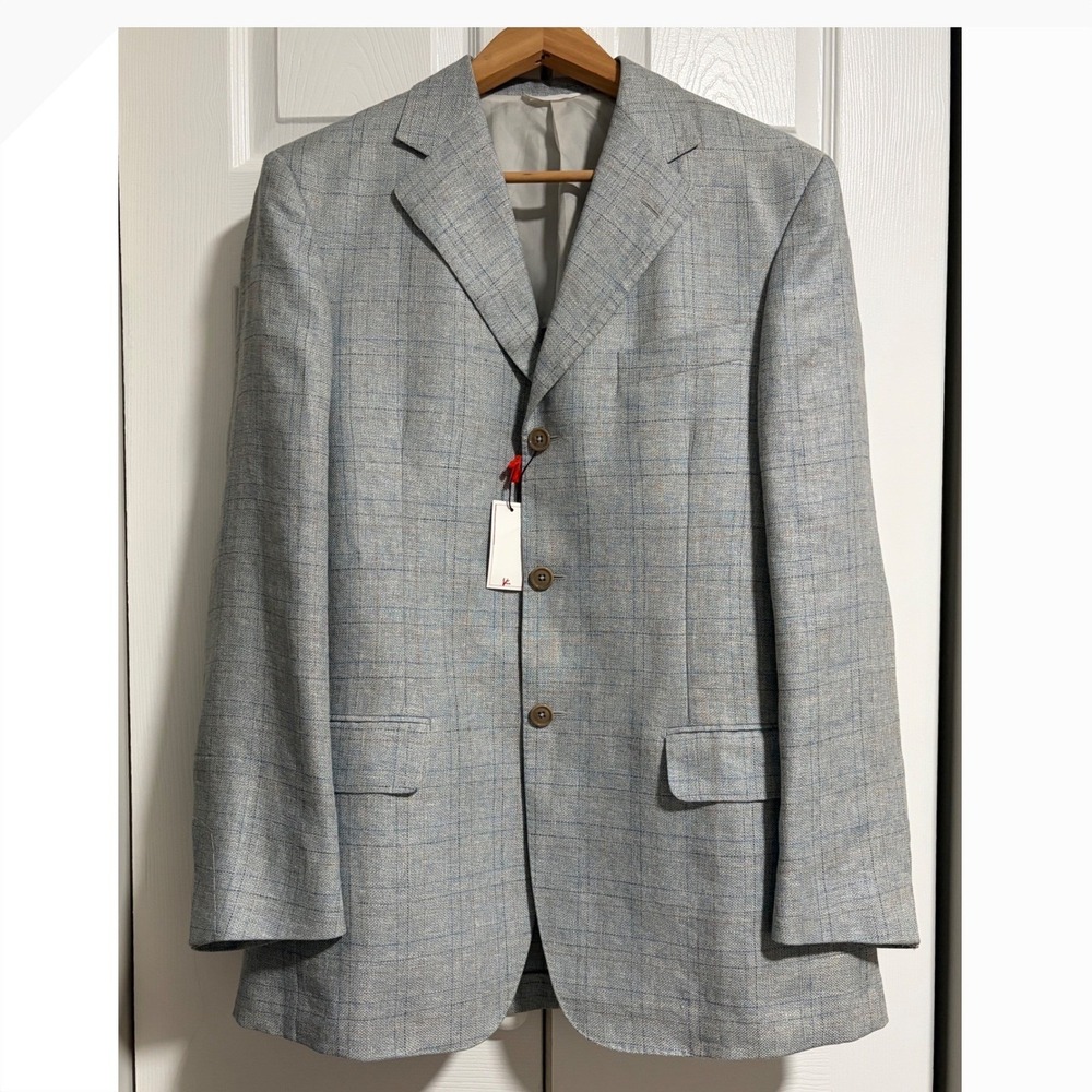 Isaia Napoli Mens Light Blue Linen Wool Windowpane Blazer Sport Coat Italy 48